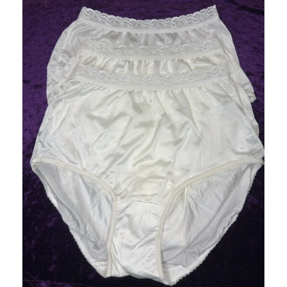 Hanes Panties Lot‎ Vtg Satin Nylon White Lot Sz 5 Lace Semi Sheer Shiny Granny